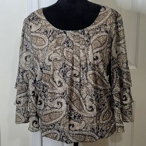 Dress Barn Womens Elegant Sheer Lined 3/4 Ruffle Sleeves Blouse Top Tan Size XL